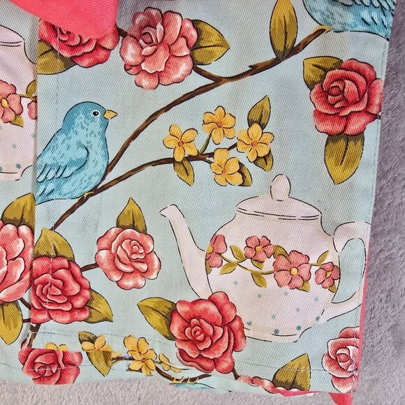 Ritz Apron Half Bluebird Rose Teapot Print Aqua Pink Vintage Cottagecore Kitchen - Picture 11 of 11